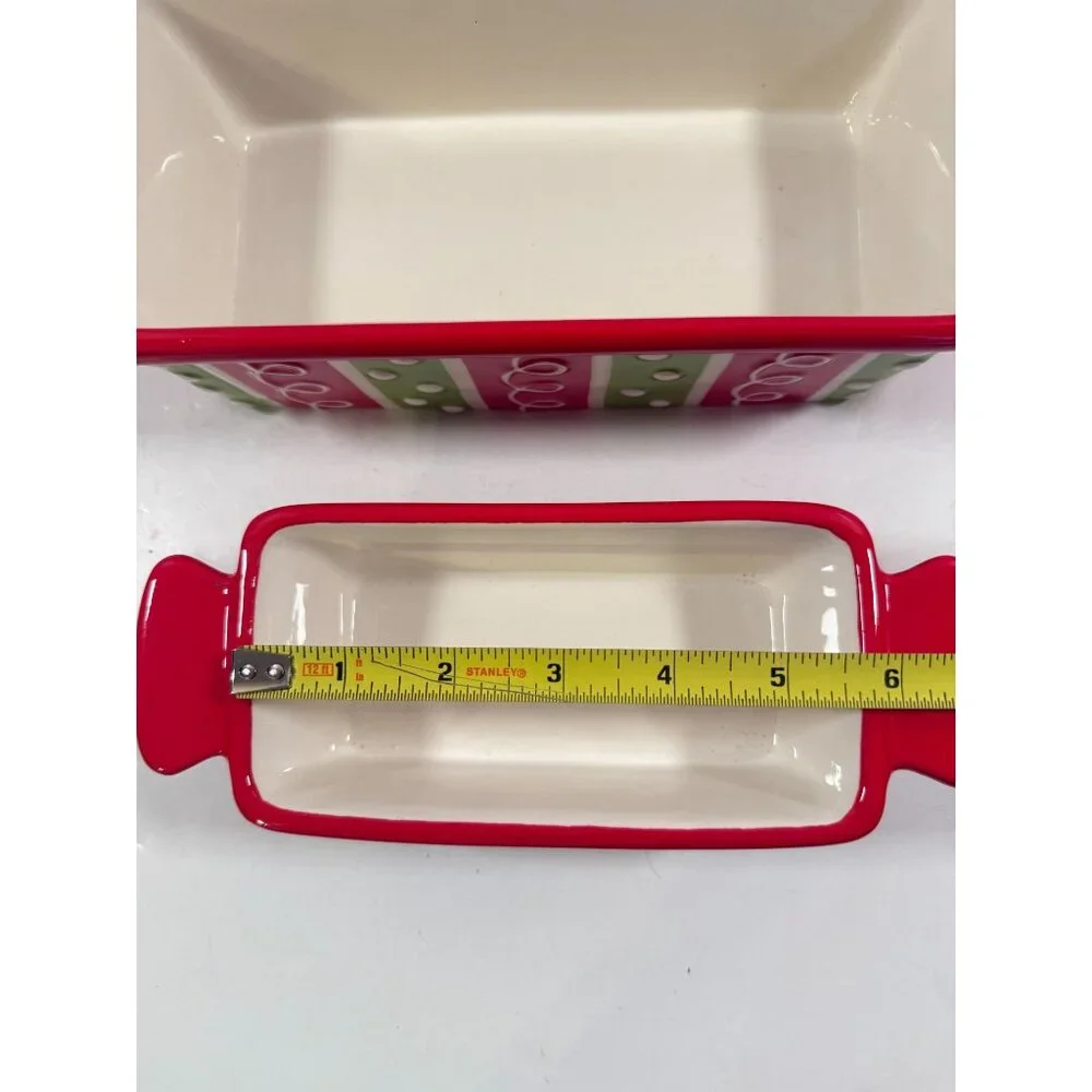 Baking Loaf Pans Stoneware Burton + Burton Christmas Red Green Polka Dots NEW